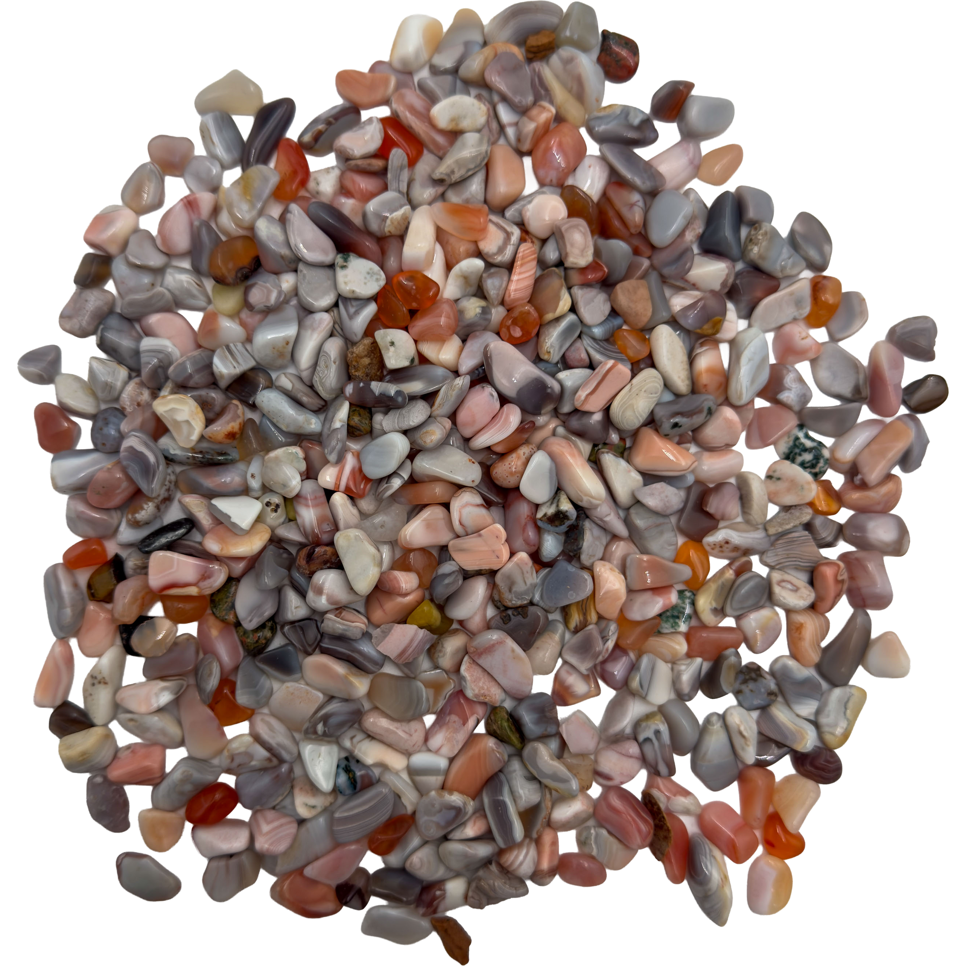 Pink agate crystal chips bulk lot, Botswana, polished pink and peach chips on neutral background