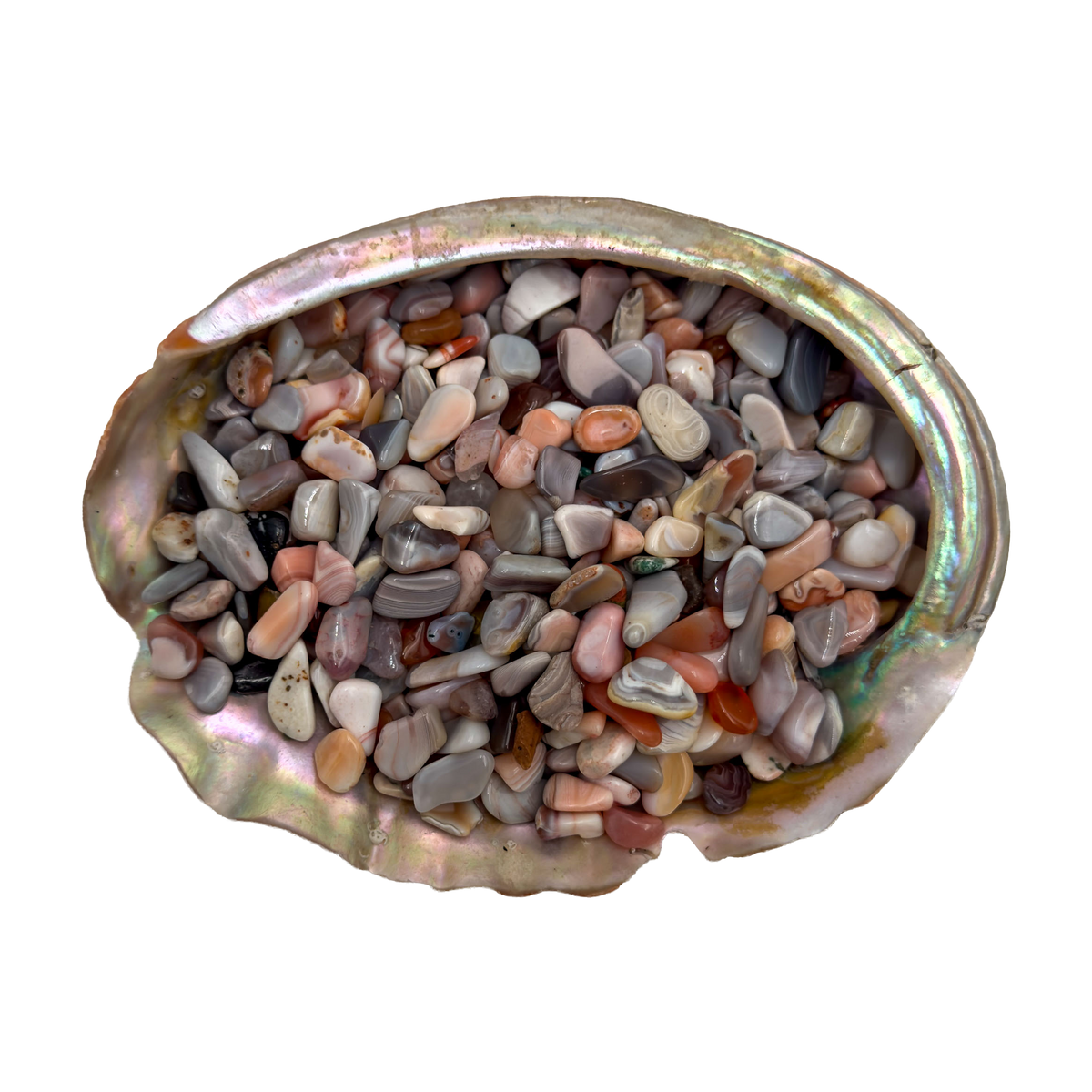 Grade A pink agate crystal chips in a bowl, sourced from Botswana