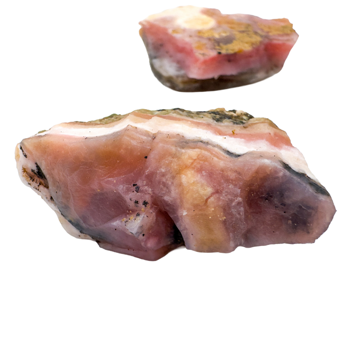 Pink Opal rough crystals showing soft pink color and natural matrix, ethically sourced from Peru by Beyond Bohemian