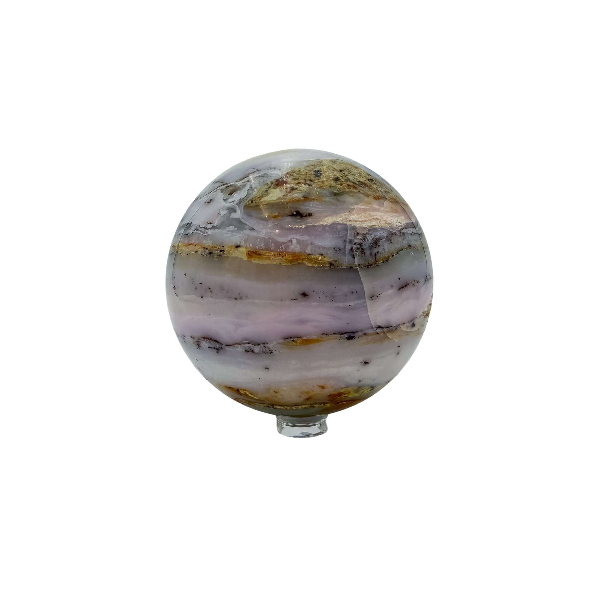 The left profile of this 467 gram pink opal sphere, showing the mirror finish across 74.7 millimeters of stone.