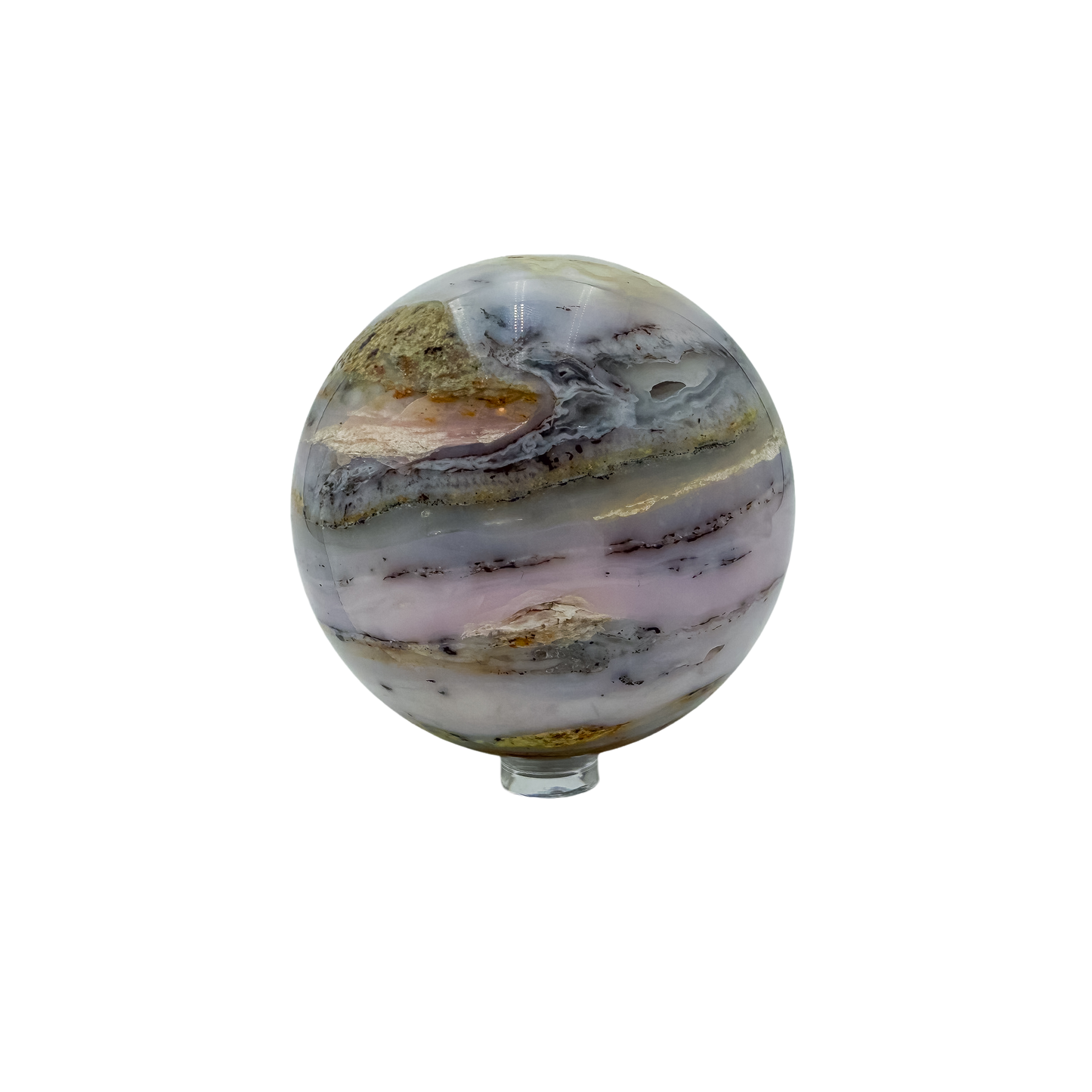 Pink Opal sphere photographed from the right profile, 2.94 in diameter, natural and untreated.