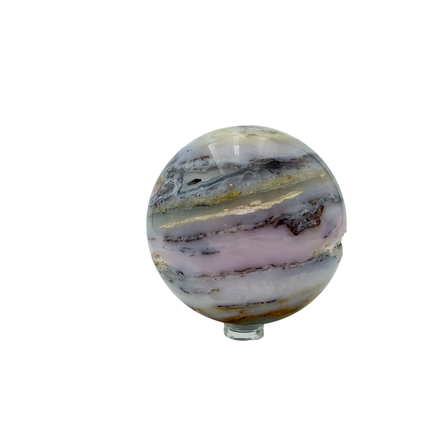 Pink Opal crystal sphere from Ica, Peru, primary polished face, a 2.94 inch polished orb weighing 467 grams.