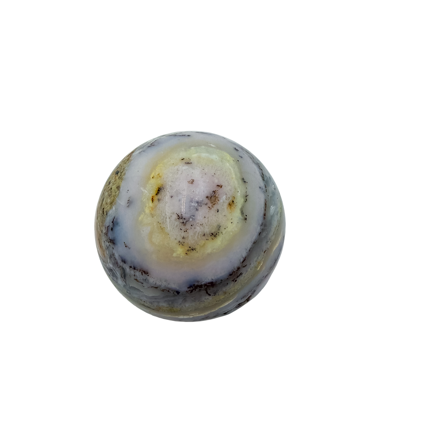 Top-down view of pink opal sphere no. 2, 74.7 mm across, hand-cut in Peru.