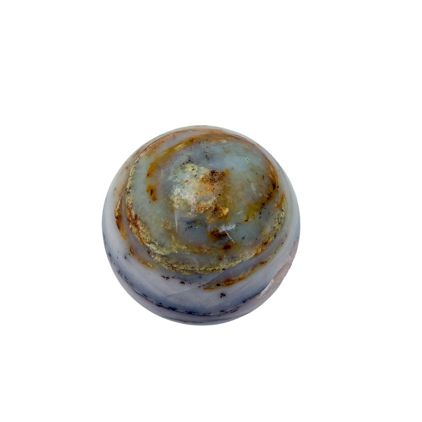 Polished pink opal orb seen at the angled three-quarter view, 467 g, Mohs 5.5-6.5, one of a kind.