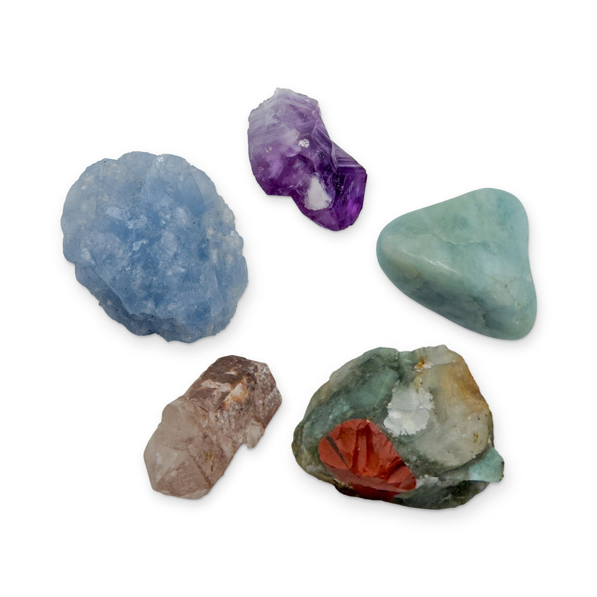 Pisces Crystal Kit: amethyst point, aquamarine, bloodstone, lithium quartz point and blue calcite, shown together on white