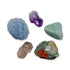 Pisces Crystal Kit: amethyst point, aquamarine, bloodstone, lithium quartz point and blue calcite, shown together on white