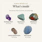 What's inside the Pisces Crystal Kit: amethyst point 10 to 20 g, aquamarine 10 to 30 g, bloodstone 20 to 50 g, lithium quartz point 10 to 25 g, blue calcite 20 to 50 g, drawn in true proportion to each other