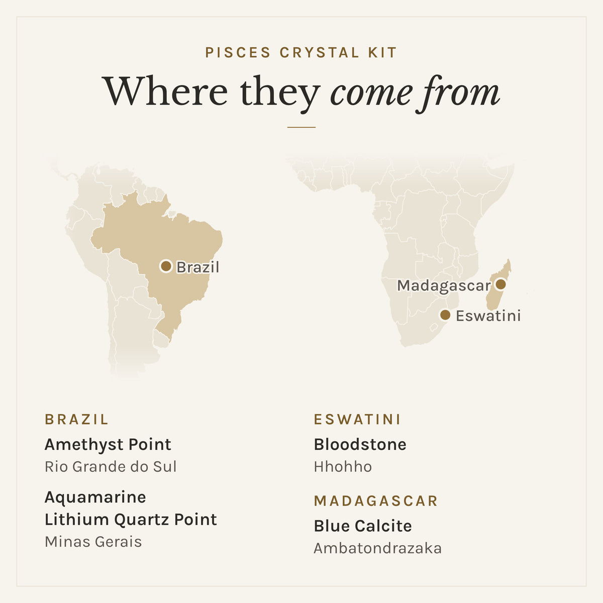 Map of where the stones in the Pisces Crystal Kit come from: Brazil (amethyst point, aquamarine and lithium quartz point), Eswatini (bloodstone) and Madagascar (blue calcite)