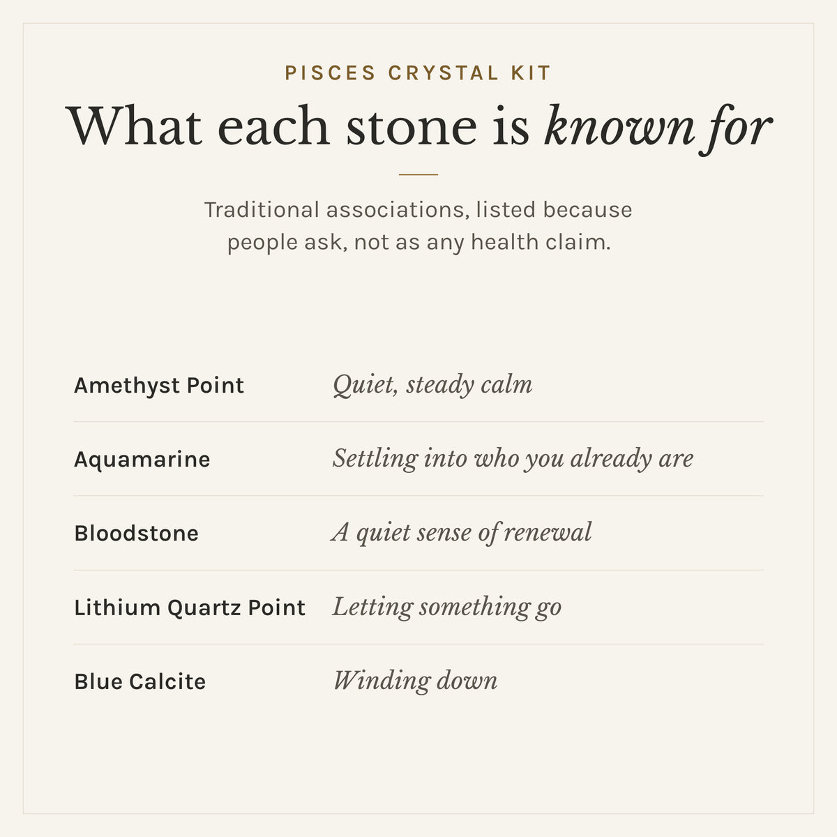 What each stone in the Pisces Crystal Kit is traditionally known for: amethyst point, quiet, steady calm; aquamarine, settling into who you already are; bloodstone, a quiet sense of renewal; lithium quartz point, letting something go; blue calcite, winding down. Listed as traditional associations, not health claims