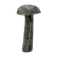 Serpentine crystal mushroom hand-carved in Zimbabwe, front view, mottled green cap on a slender stem, 7.04 inches tall.