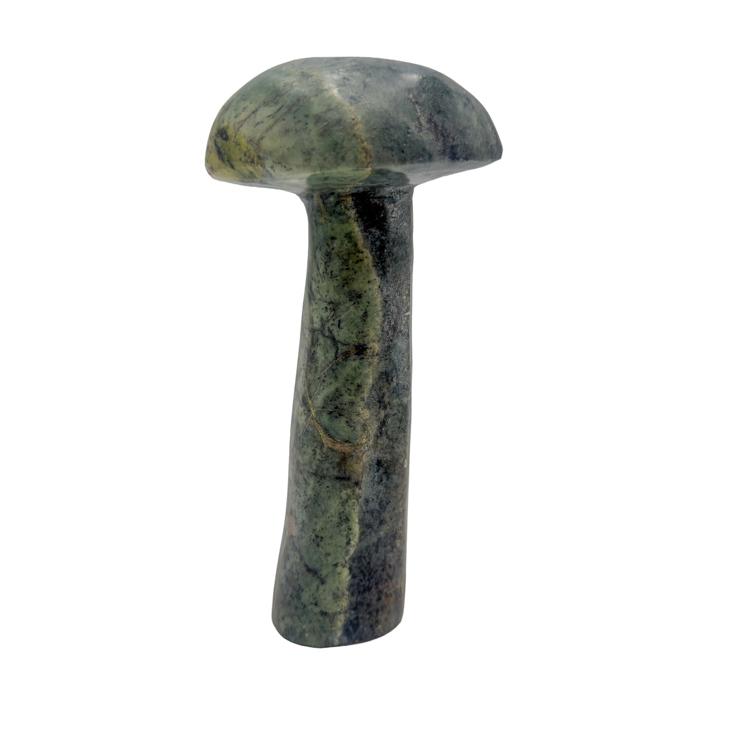 Serpentine crystal mushroom hand-carved in Zimbabwe, front view, mottled green cap on a slender stem, 7.04 inches tall.