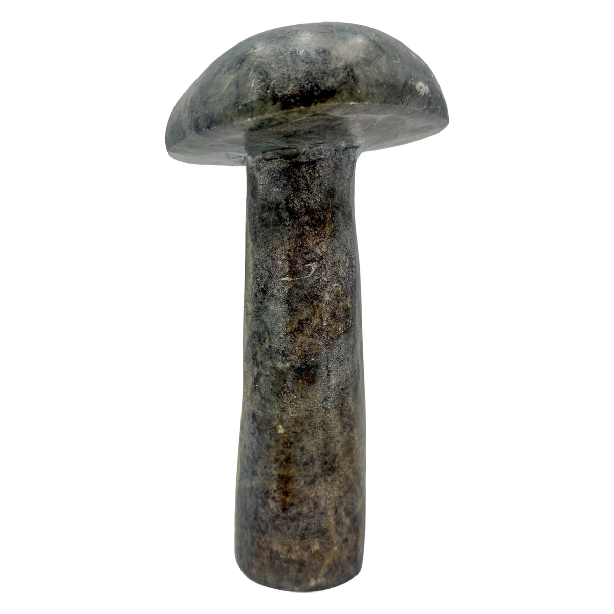 Angled three-quarter view of a 2.30 pound serpentine mushroom carving, olive and gray marbling running through the cap.