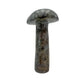 Angled three-quarter view of a 2.30 pound serpentine mushroom carving, olive and grey marbling running through the cap.