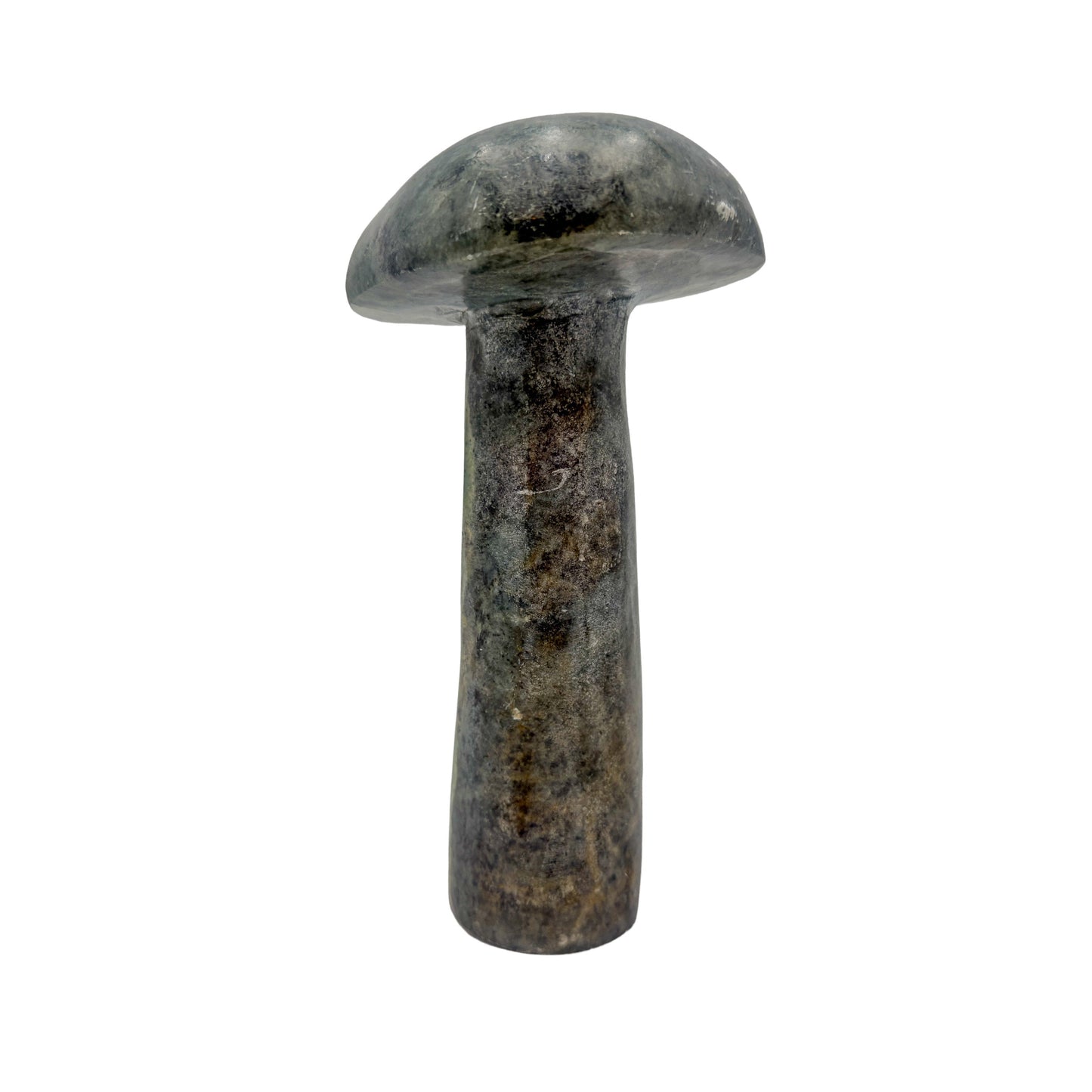 Angled three-quarter view of a 2.30 pound serpentine mushroom carving, olive and grey marbling running through the cap.