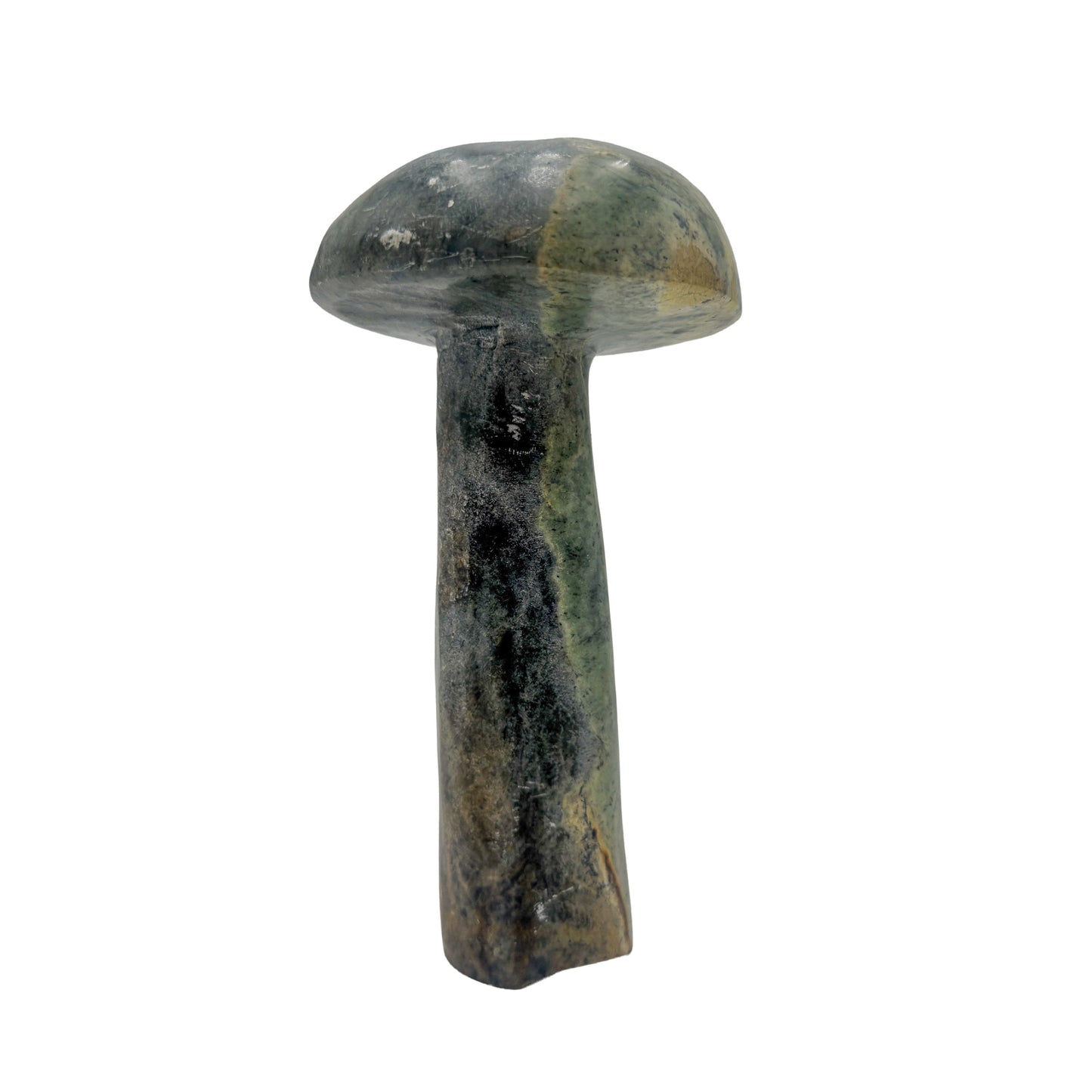 Left profile of Zimbabwean serpentine mushroom no. 1, showing the 3.40 inch cap overhanging the stem.