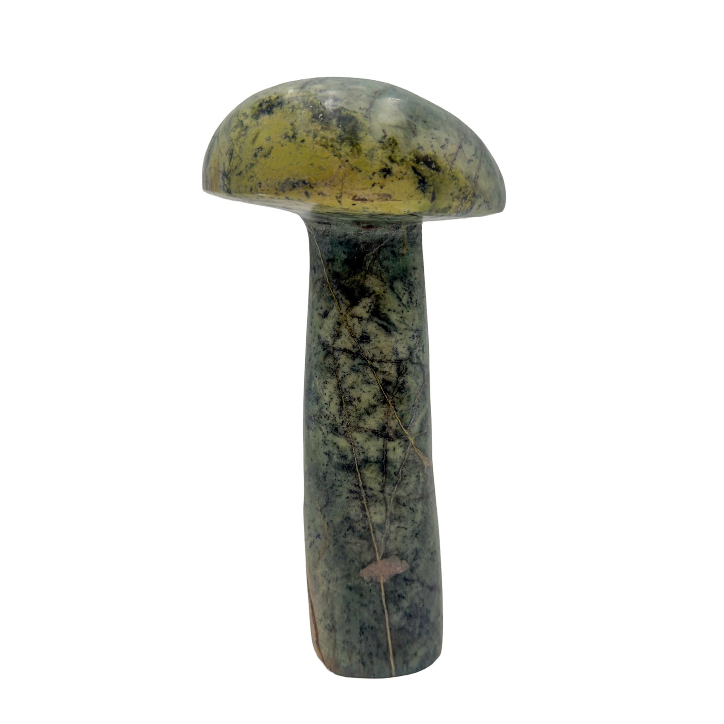 Right profile of a hand-carved serpentine mushroom, deep green stone with darker veining, A grade.