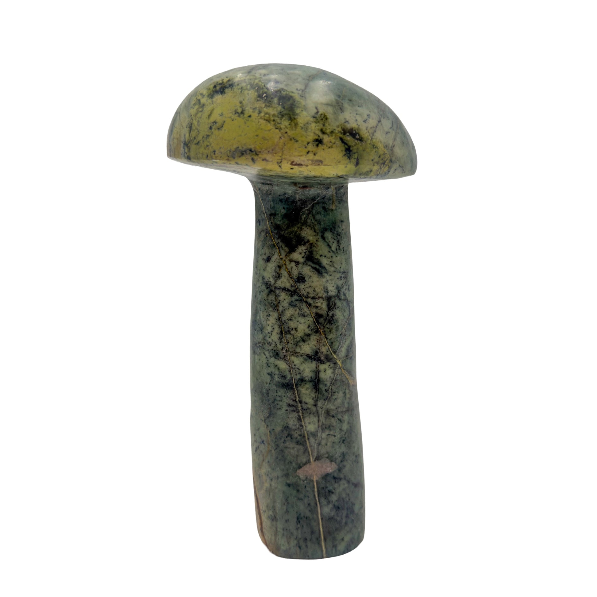 Right profile of a hand-carved serpentine mushroom, deep green stone with darker veining, A grade.