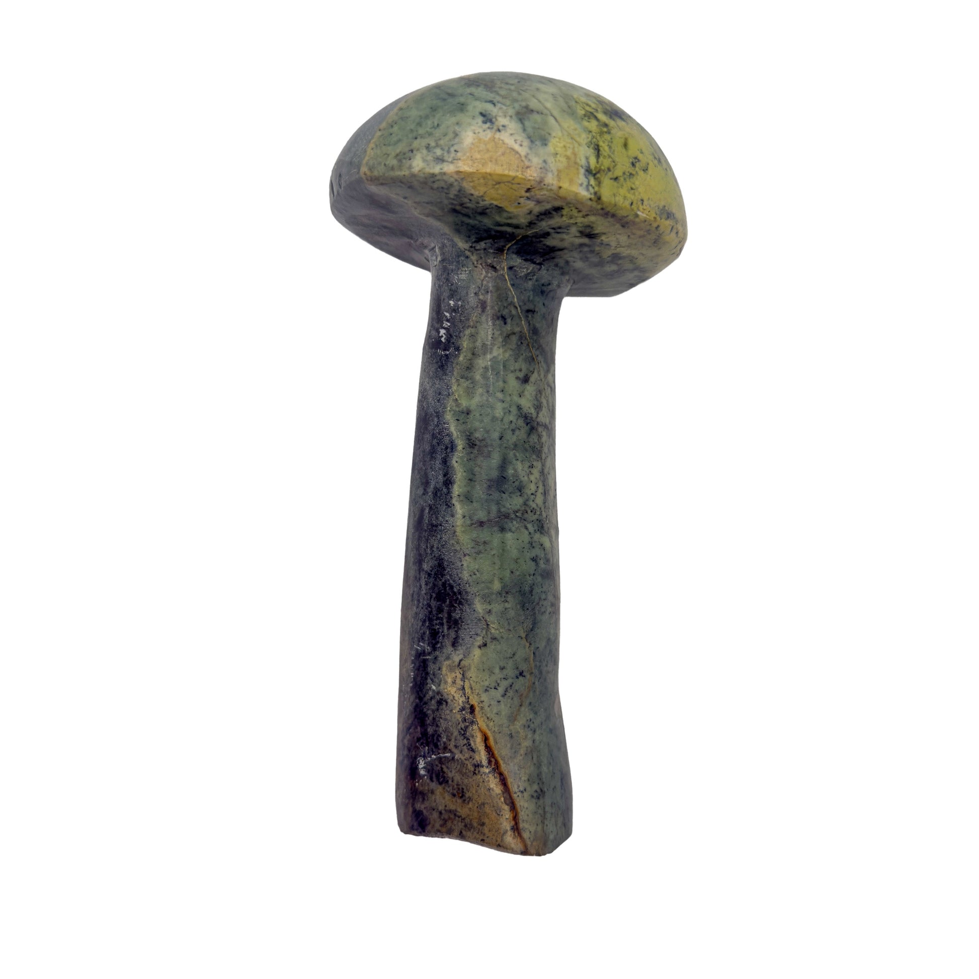 Top-down view of the serpentine mushroom cap, mottled green surface polished smooth by hand.