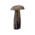 Agate crystal mushroom hand-carved in Zimbabwe, front view, gray and cream banding running through the cap, 5.66 inches tall.