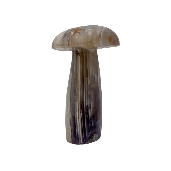 Agate crystal mushroom hand-carved in Zimbabwe, front view, grey and cream banding running through the cap, 5.66 inches tall.