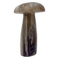 Agate crystal mushroom hand-carved in Zimbabwe, front view, gray and cream banding running through the cap, 5.66 inches tall.