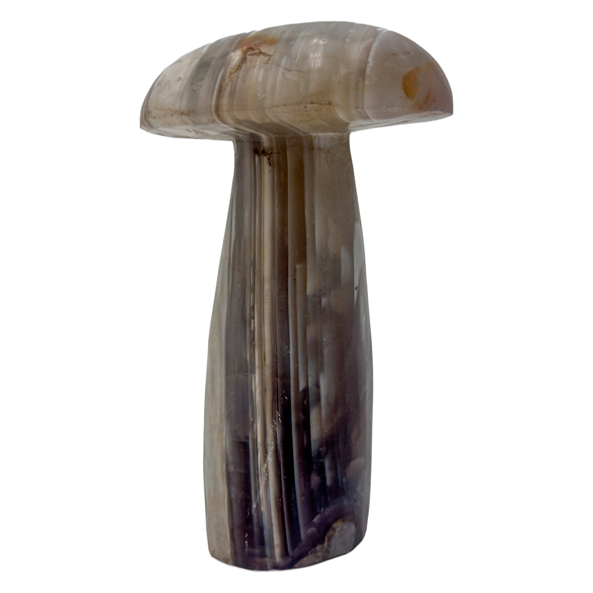 Agate crystal mushroom hand-carved in Zimbabwe, front view, gray and cream banding running through the cap, 5.66 inches tall.