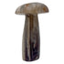 Agate crystal mushroom hand-carved in Zimbabwe, front view, gray and cream banding running through the cap, 5.66 inches tall.