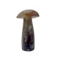 Angled view of a 1.51 pound banded agate mushroom carving, violet tone deepening toward the base of the stem.