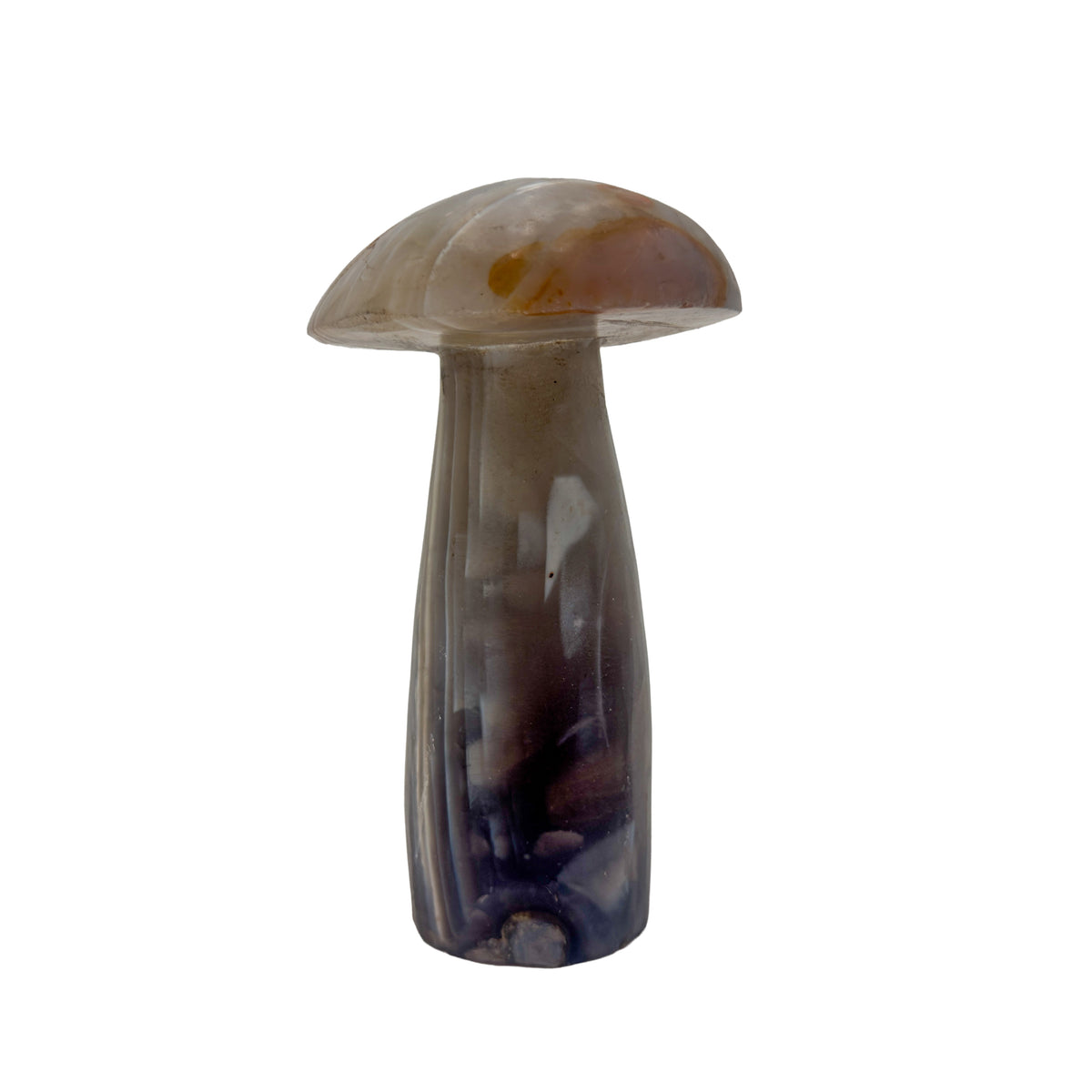 Angled view of a 1.51 pound banded agate mushroom carving, violet tone deepening toward the base of the stem.