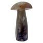 Angled view of a 1.51 pound banded agate mushroom carving, violet tone deepening toward the base of the stem.