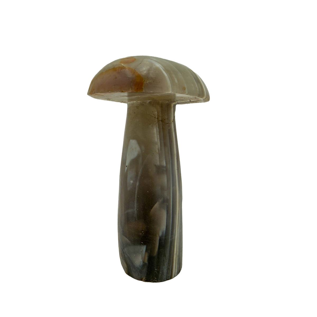 Left profile of Zimbabwean agate mushroom no. 2, 3.23 inch cap above a tapering banded stem.