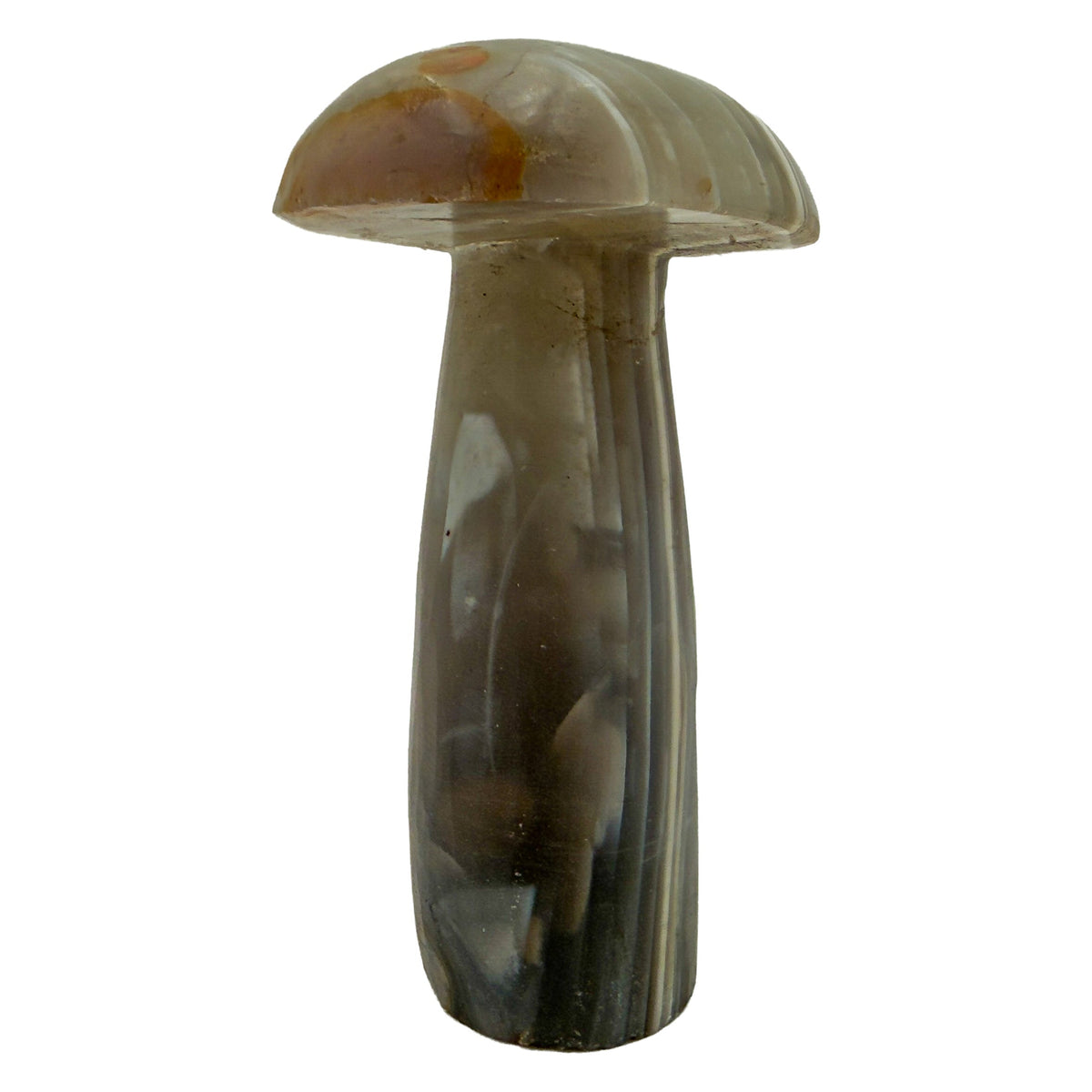 Left profile of Zimbabwean agate mushroom no. 2, 3.23 inch cap above a tapering banded stem.