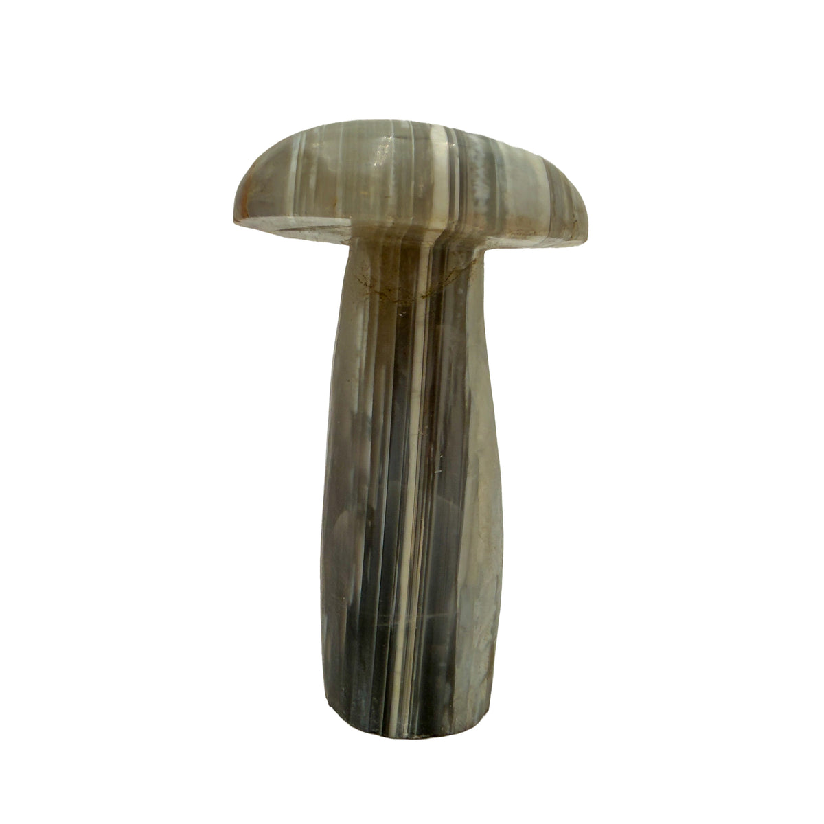 Right profile of a hand-carved agate mushroom, undyed gray chalcedony with natural layering.