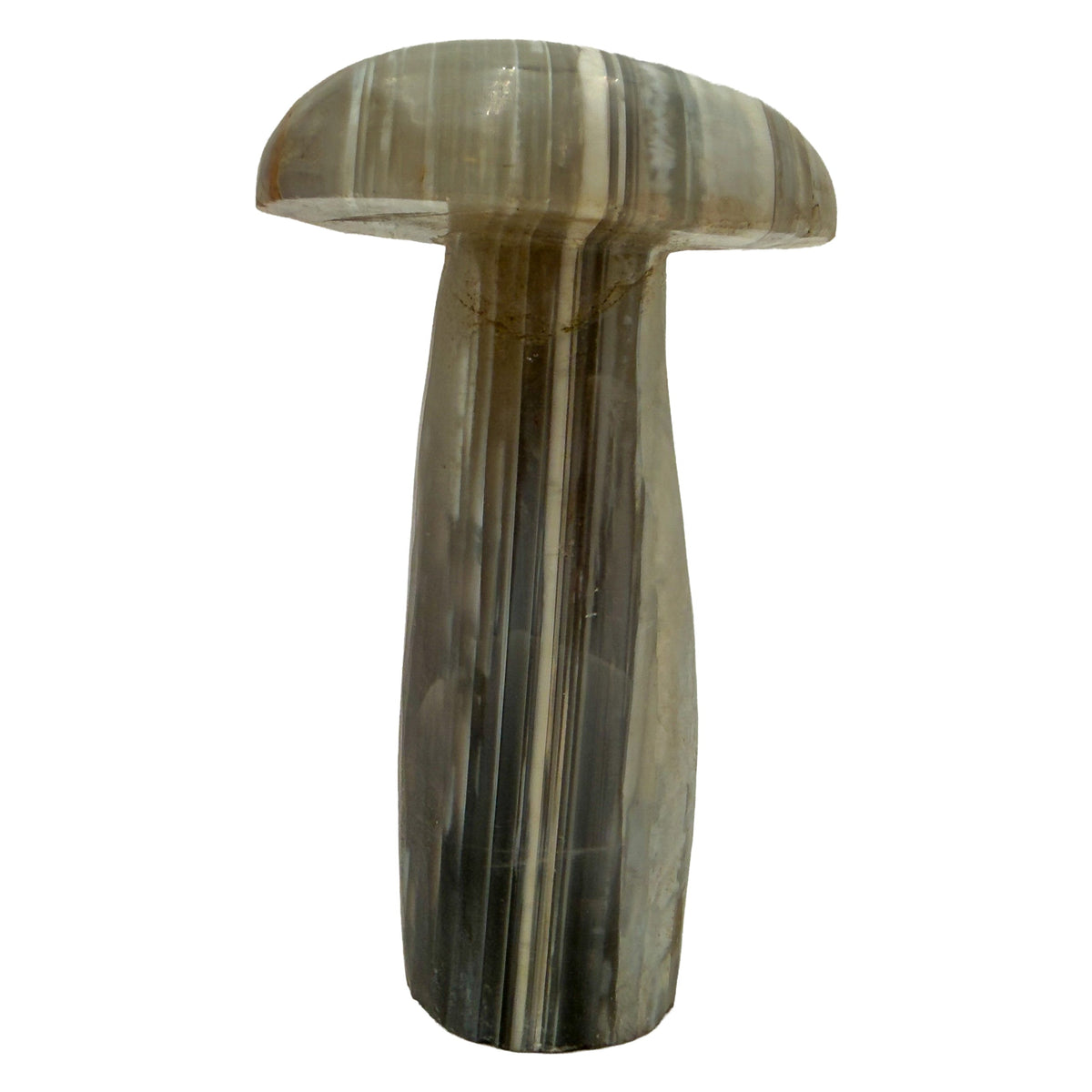 Right profile of a hand-carved agate mushroom, undyed gray chalcedony with natural layering.