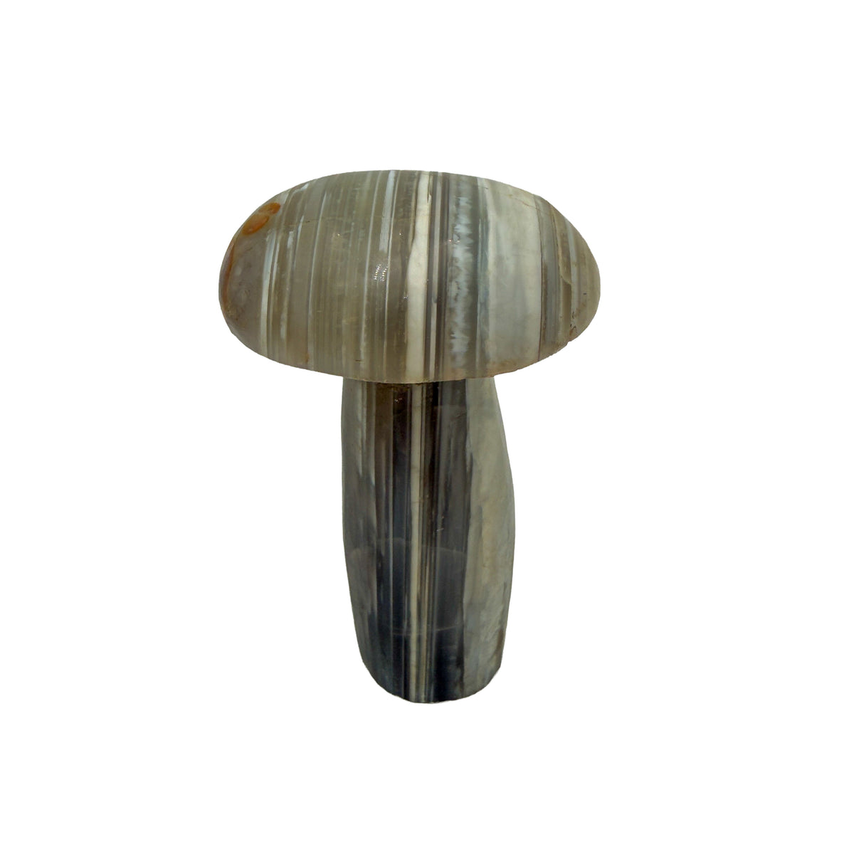 Reverse side of agate crystal mushroom no. 2, showing how the bands wrap around the carved form.