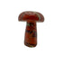 Red jasper crystal mushroom carved in Zimbabwe from South African stone, front view, deep brick red cap, 4.69 inches tall.