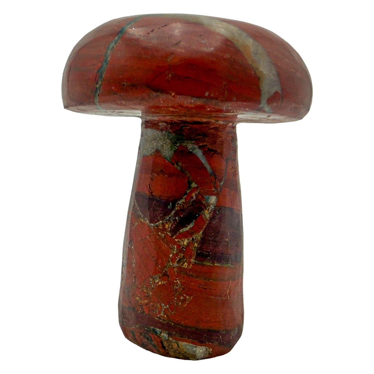 Red jasper crystal mushroom carved in Zimbabwe from South African stone, front view, deep brick red cap, 4.69 inches tall.