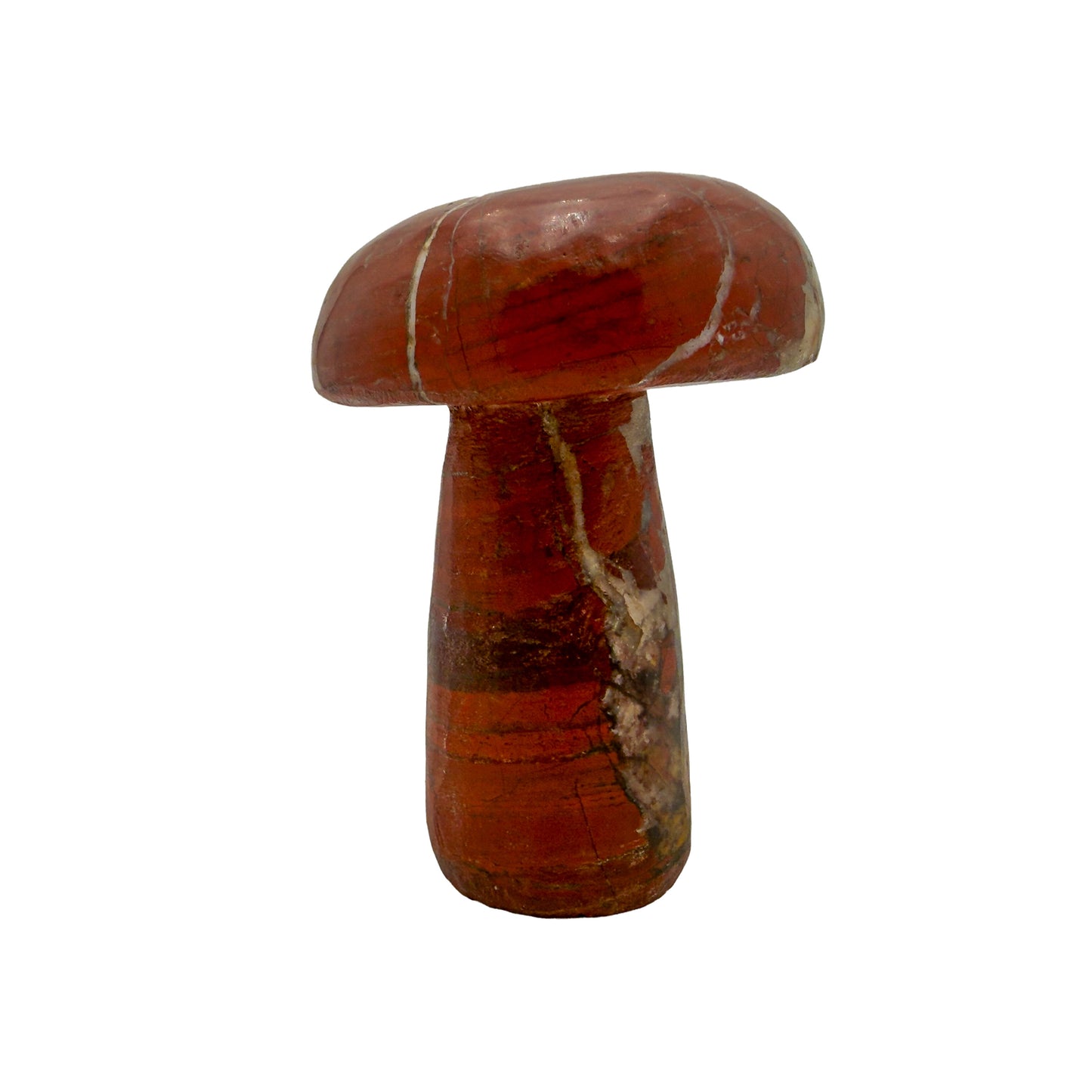 Right profile of a hand-carved red jasper mushroom, opaque iron-rich chalcedony, undyed.