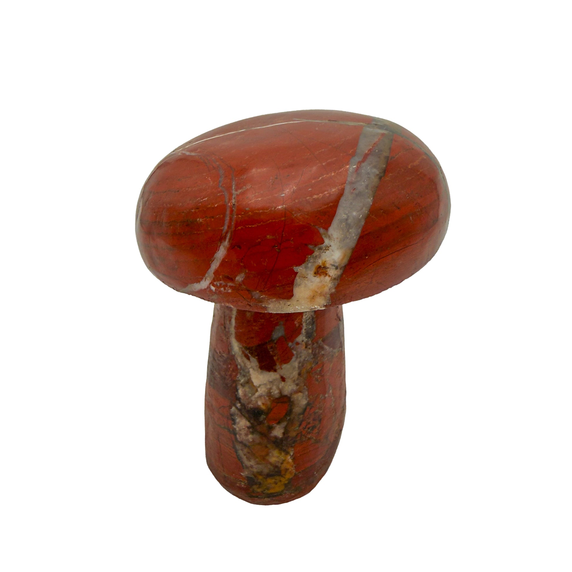 Reverse side of red jasper crystal mushroom no. 3, mottled red and dark brown patterning.