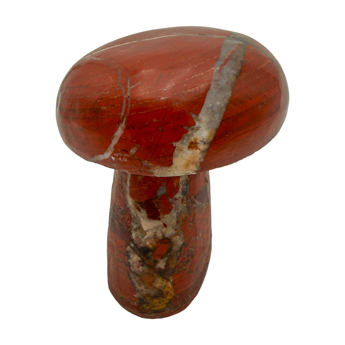 Reverse side of red jasper crystal mushroom no. 3, mottled red and dark brown patterning.