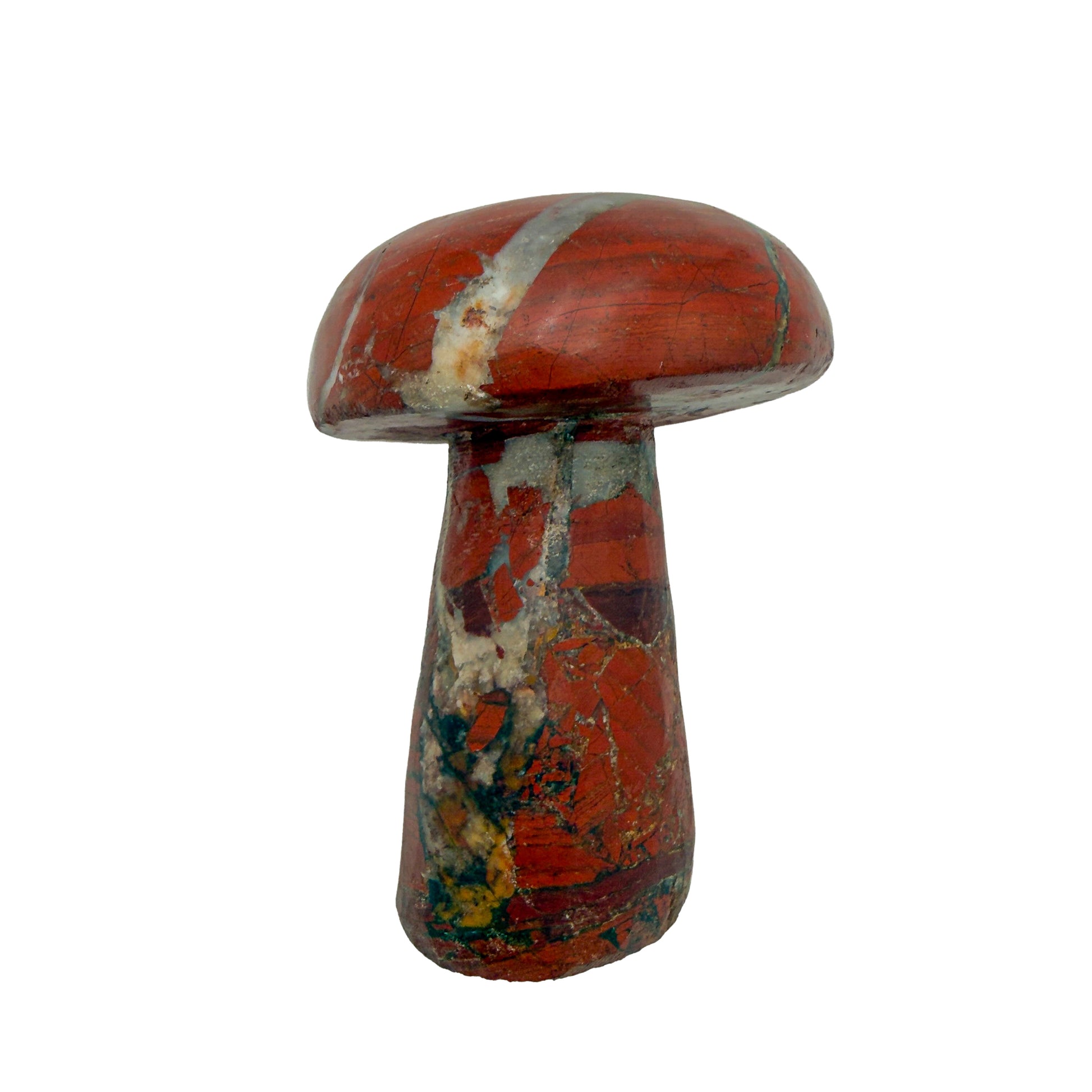 Top-down view of the red jasper mushroom cap, iron banding exposed across the polished dome.