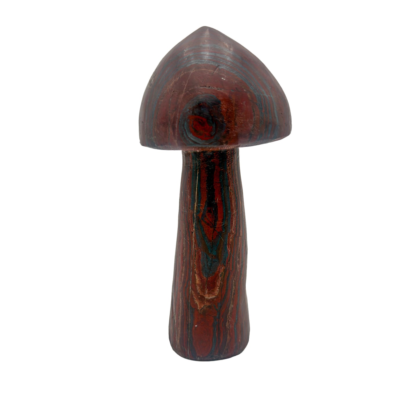 Tiger iron crystal mushroom carved in Zimbabwe from South African stone, front view, red and gold banding, 7.31 inches tall.
