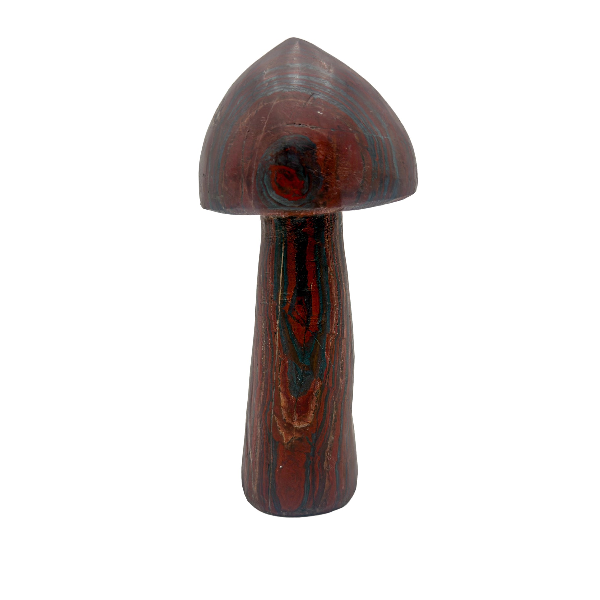Tiger iron crystal mushroom carved in Zimbabwe from South African stone, front view, red and gold banding, 7.31 inches tall.