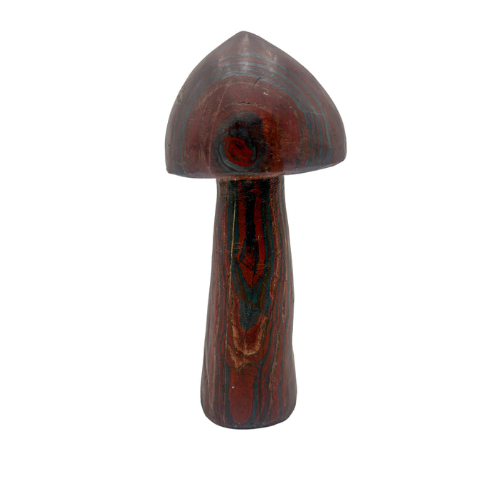 Tiger iron crystal mushroom carved in Zimbabwe from South African stone, front view, red and gold banding, 7.31 inches tall.