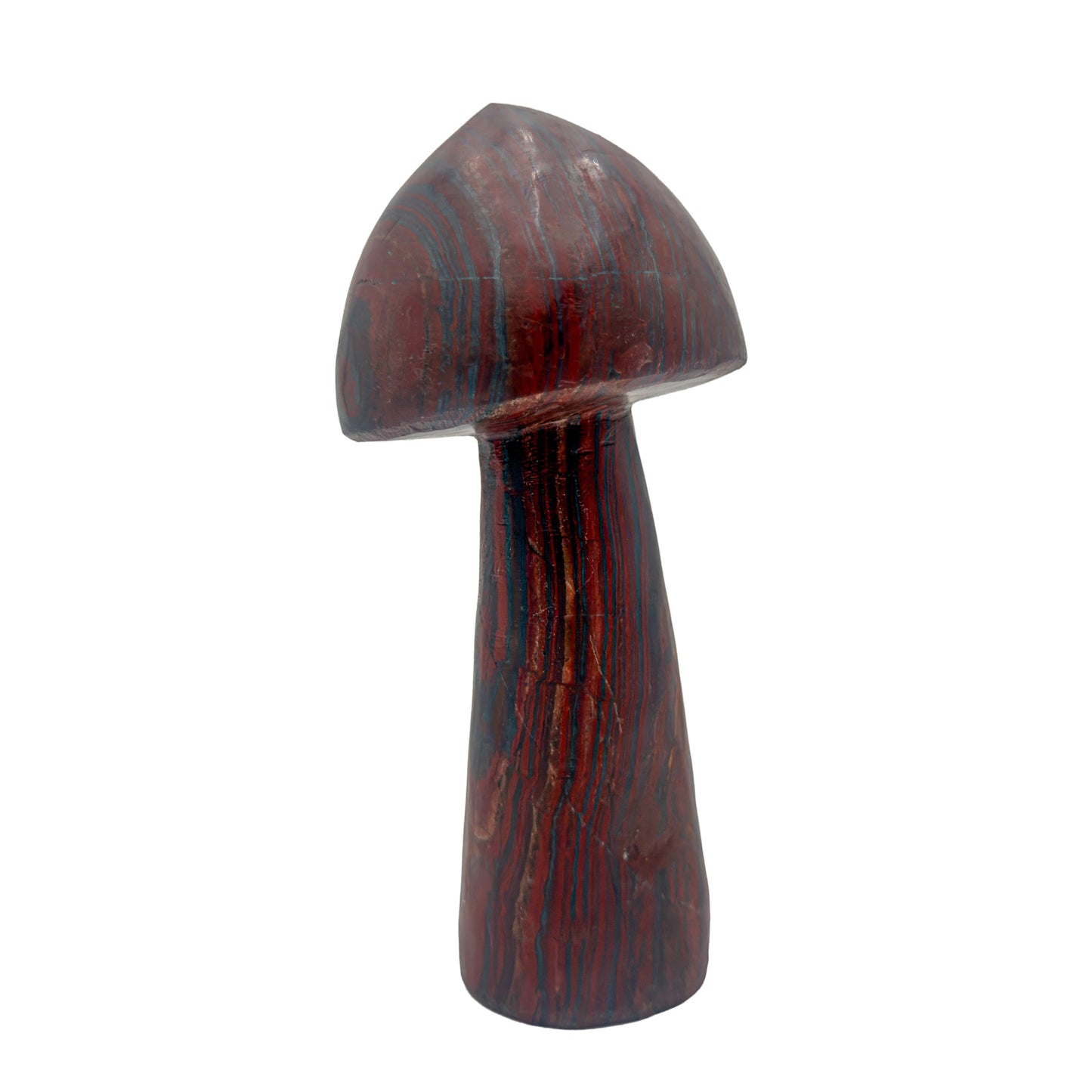 Angled view of a 2.76 pound tiger iron mushroom carving, folded bands of jasper and hematite running up the stem.