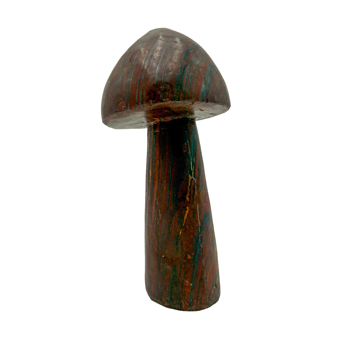 Left profile of tiger iron mushroom no. 4, golden chatoyant bands catching light against deep red jasper.