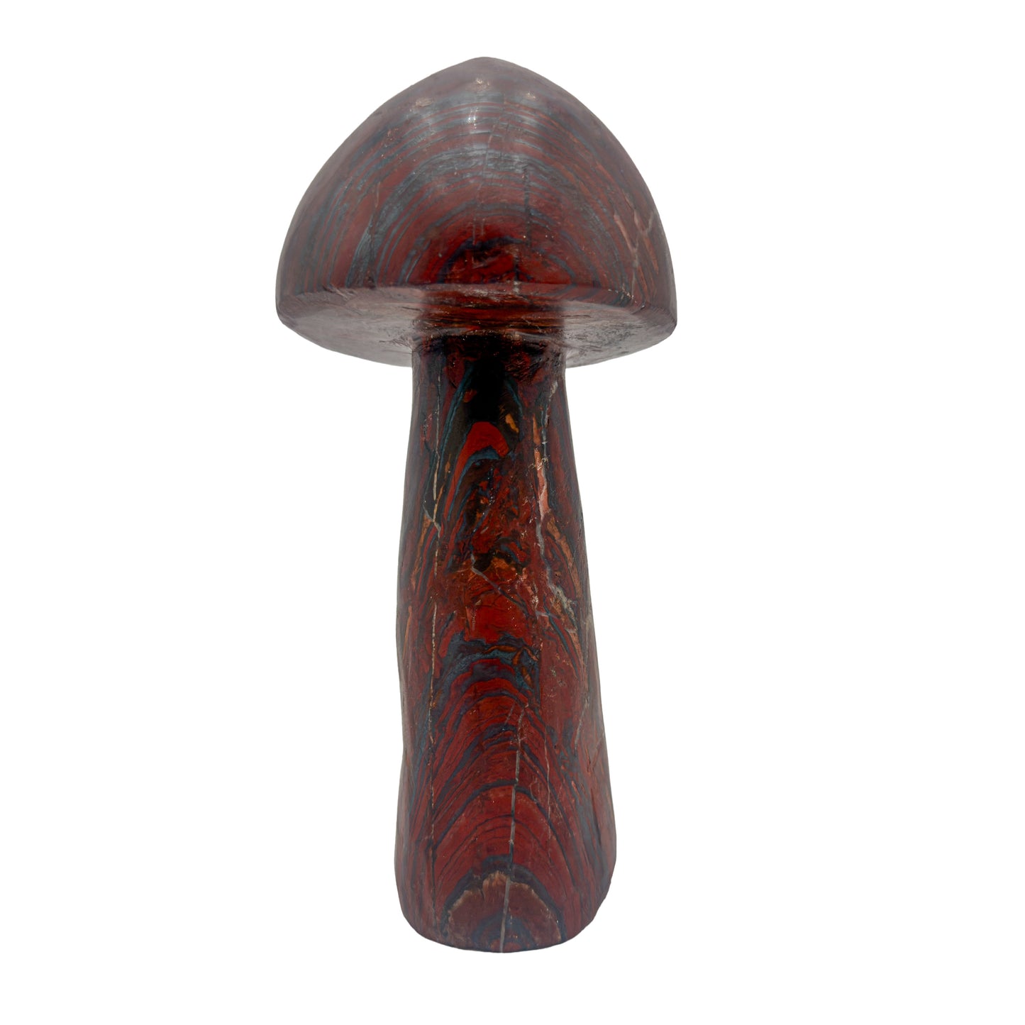 Right profile of a hand-carved tiger iron mushroom, metallic grey hematite layers between red and gold.