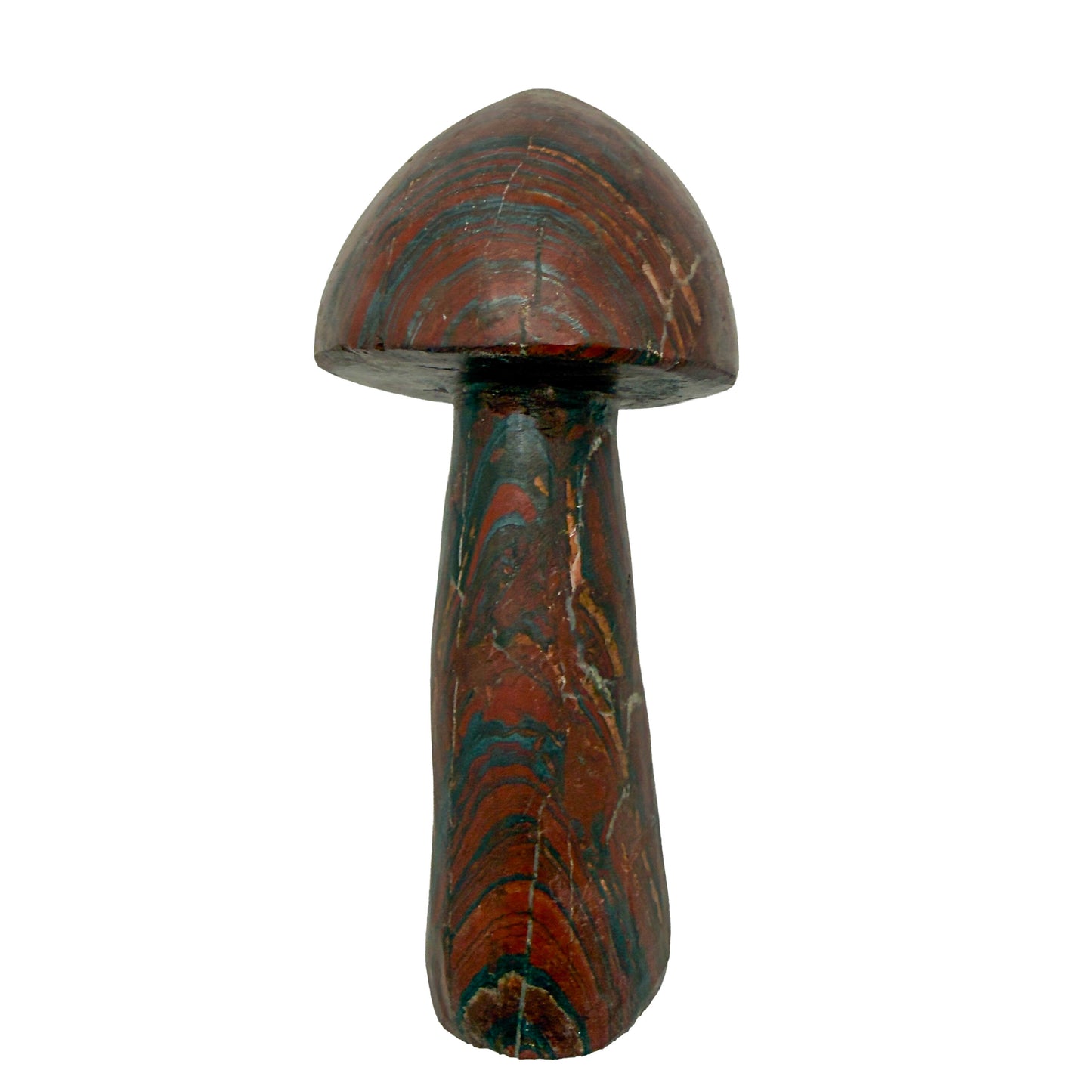Top-down view of the tiger iron mushroom cap, 3.28 inches across with curved banding exposed by the carve.