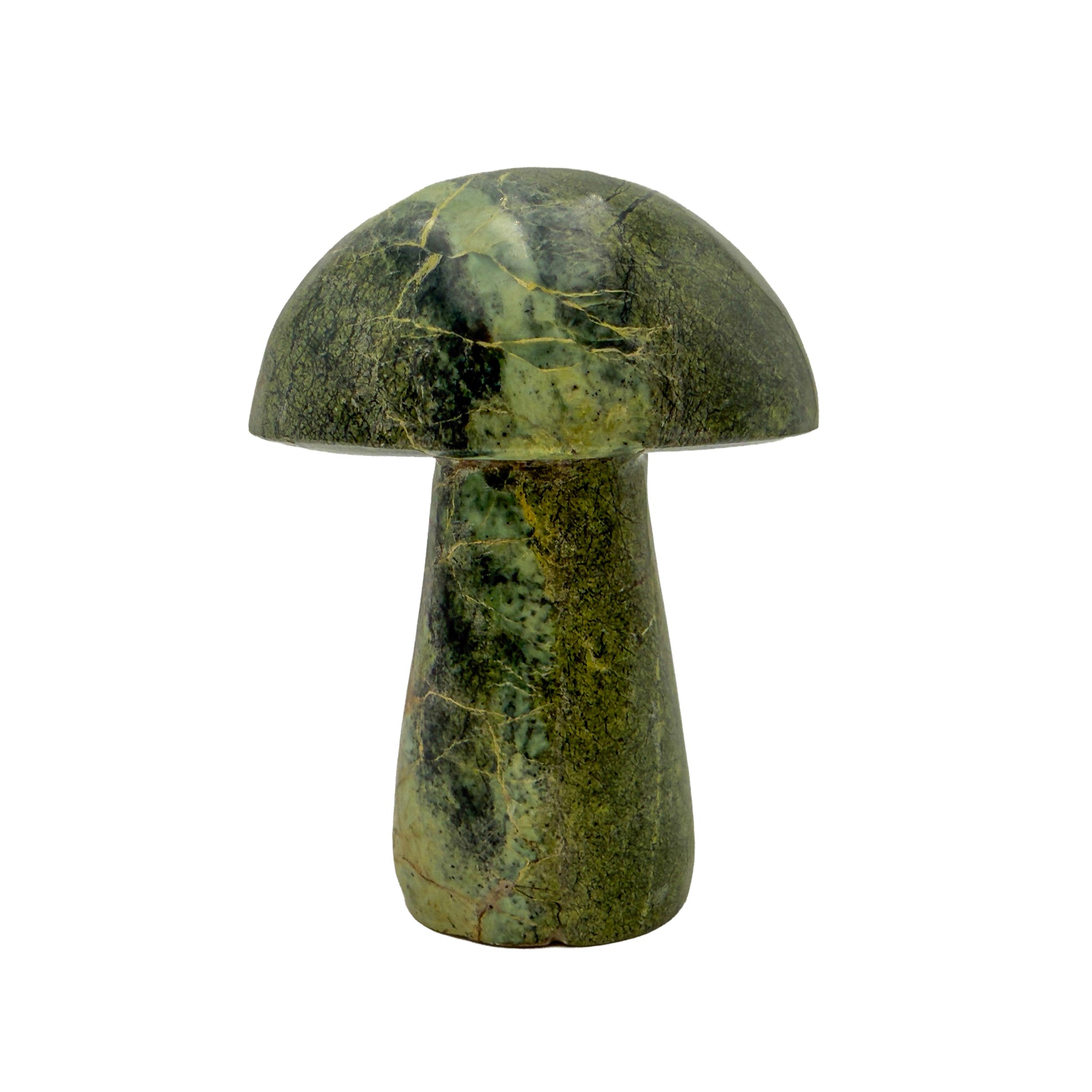 Angled three-quarter view of the heaviest serpentine mushroom in this group, olive marbling across a wide cap.