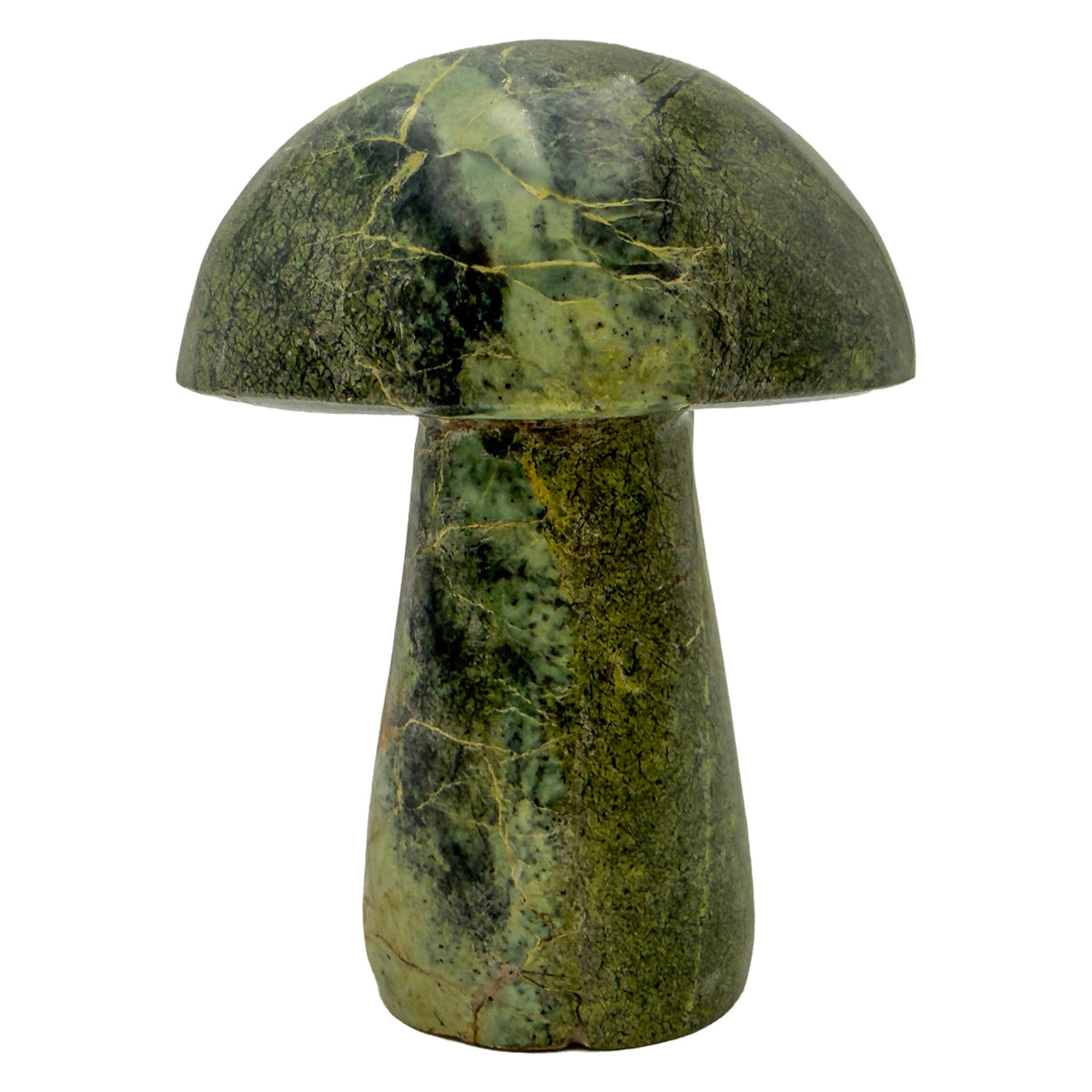 Angled three-quarter view of the heaviest serpentine mushroom in this group, olive marbling across a wide cap.